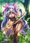  adjusting_hair animal_ears bad_id bad_pixiv_id black_skirt bracelet breasts brown_legwear cleavage fantasy forest fox_ears garter_belt gem hair_ribbon holding holding_sword holding_weapon jewelry light_blue_hair long_hair looking_at_viewer medium_breasts nature original plant purple_ribbon red_eyes ribbon shenteita skirt solo standing sunlight sword thighhighs twintails very_long_hair weapon 