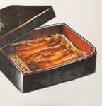  bad_pixiv_id box commentary food grey_background grilled_eel highres juubako marker_(medium) no_humans rice simple_background ten'non traditional_media unajuu_(food) 