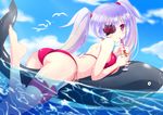  ass bikini character_request drink eyepatch feijitian inflatable_toy lavender_hair long_hair lying on_stomach phantasy_star phantasy_star_online_2 pink_eyes selvaria_swimwear senjou_no_valkyria shark swimsuit twintails 