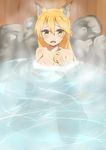  animal_ears blonde_hair blush breasts ezo_red_fox_(kemono_friends) fox_ears highres kemono_friends long_hair looking_at_viewer medium_breasts nude onsen open_mouth solo tame_(tame-97) yellow_eyes 