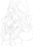  bare_shoulders breasts commentary_request elbow_gloves fox_tail gloves greyscale highres large_breasts lineart long_hair monochrome ofuda original ricci sketch smile solo tail thighhighs 