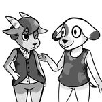  2015 animal_crossing anthro bones_(animal_crossing) canine caprine clothed clothing dog duo goat greyscale hand_on_hip inkyfrog kidd_(animal_crossing) male mammal monochrome nintendo one_eye_closed simple_background video_games white_background wink 