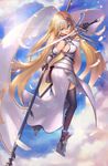  armor armored_dress blue_eyes blue_sky breasts cloud day detached_sleeves duan_henglong fate/apocrypha fate/grand_order fate_(series) gloves hair_between_eyes headphones highres jeanne_d'arc_(fate) jeanne_d'arc_(fate)_(all) large_breasts long_hair looking_at_viewer md5_mismatch sideboob skindentation sky standard_bearer sword thighhighs thighs weapon 
