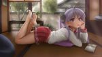  absurdres ahoge artist_name bare_legs barefoot bow feet food full_body hair_bow hand_on_own_face highres hiiragi_kagami house indoors looking_up lucky_star lying mouth_hold novcel novel_(object) on_floor on_stomach plant pocky purple_eyes purple_hair revision ryouou_school_uniform school_uniform serafuku skirt solo the_pose toes tree twintails 