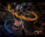  3d absurdres ass blue_eyes breasts choker fire flame gauntlets highres isabella_valentine jewelry legs leotard lipstick makeup pauldrons purple_hair purple_legwear ruyueyoufei sideboob single_gauntlet solo soulcalibur soulcalibur_iv thigh_strap thighs toned underboob whip_sword 