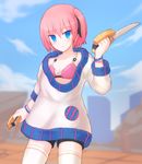  blue_eyes breasts closers looking_at_viewer open_mouth oversized_clothes pink_hair ribbon seulbi_lee short_hair side_ponytail small_breasts smile solo suta_(clusta) 