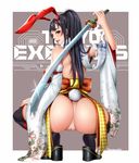 animal_ears ass bangs bare_shoulders black_hair black_legwear brown_eyes bunny_ears bunny_tail floral_print hair_ornament holding holding_weapon japanese_clothes katana long_hair looking_at_viewer looking_back masami_chie official_art original sandals seigaiha signature smile solo squatting sword tail tokyo_exe_girls underwear weapon white_background wide_sleeves 