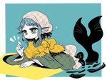  1girl blue_eyes blue_hair checkered checkered_scarf fins gem green_kimono head_fins head_scarf in_water japanese_clothes kimono mermaid monster_girl obi sash scarf short_hair solo symbol-shaped_pupils touhou unmoving_pattern wakasagihime water yellow_scarf yt_(wai-tei) 