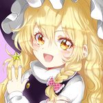  1girl :d blonde_hair blush bow braid commentary_request crossed_arms fang fingernails hair_between_eyes hair_bow hat kirisame_marisa long_hair long_sleeves looking_at_viewer open_mouth rosette_(roze-ko) side_braid single_braid smile solo star touhou turtleneck v wavy_hair witch_hat yellow_eyes 