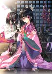  absurdly_long_hair arikawa_satoru black_hair commentary_request flower hair_over_face hakama hip_vent holding holding_hair horns japanese_clothes karaginu_mo kimono kneeling layered_clothing layered_kimono long_hair looking_at_viewer miko multiple_girls original red_eyes sleeves_past_wrists smile very_long_hair wide_sleeves 