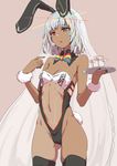  adapted_costume altera_(fate) animal_ears ass_visible_through_thighs black_legwear black_nails breasts bunny_ears bunny_girl bunny_tail clearite cleavage cocktail_glass cup dark_skin drinking_glass eyebrows_visible_through_hair fate/grand_order fate_(series) long_hair nail_polish red_eyes silver_hair simple_background small_breasts solo tail tattoo thighhighs tray veil 