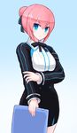  blue_eyes breasts closers cowboy_shot hair_ribbon looking_at_viewer pink_hair ribbon seulbi_lee short_hair small_breasts solo suta_(clusta) 