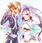  1boy 1girl ahoge belt bodysuit breasts brown_eyes brown_hair copyright_name frills gloves jacket kohak_hearts long_hair one_eye_closed open_mouth pants purple_eyes purple_hair shing_meteoryte short_hair smile tales_of_(series) tales_of_hearts twintails wide_sleeves wink 