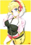  :o absurdres bag beads beats_by_dr._dre between_breasts blonde_hair blue_eyes blush breasts cable collarbone cowboy_shot halterneck handbag hands_on_headphones happoubi_jin headphones highres jacket jewelry large_breasts navel necklace original over_shoulder parted_lips pearl_necklace scan short_hair short_shorts shorts shoulder_bag solo spaghetti_strap standing strap_cleavage watch wristwatch zipper 