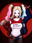  1girl baseball_bat batman_(series) blonde_hair blue_eyes blue_hair breasts dc_comics dip-dyed_hair harley_quinn lipstick long_hair makeup matching_hair/eyes multicolored_hair short_shorts shorts solo suicide_squad tied_hair twintails weapon 