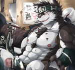  2017 abs anthro biceps canine clothing digital_media_(artwork) fur headband horkeukamui loincloth male mammal multicolored_fur muscular muscular_male nipples pecs simple_background tach8 tokyo_afterschool_summoners white_fur wolf 