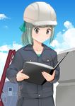  alternate_costume bangs black_jacket book bow collarbone commentary_request green_bow green_hair grey_eyes hair_bow hardhat hat helmet highres holding holding_book jacket kantai_collection long_sleeves masukuza_j pocket ponytail reading short_hair solo white_hat yuubari_(kantai_collection) 