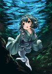  absurdres air_bubble blue_eyes blue_hair bubble diving head_fins highres japanese_clothes kimono long_sleeves looking_away mermaid monster_girl open_mouth pyonsuke_(pyon2_mfg) short_hair solo submerged touhou underwater wakasagihime water wide_sleeves 