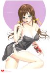  absurdres bare_shoulders breasts brown_hair cleavage food glasses green_eyes hair_ribbon happoubi_jin highres large_breasts long_hair long_legs looking_at_viewer nightgown original pocky ribbon scan solo twintails 