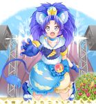  :d animal_ears bangs blue_bow blue_choker blue_eyes blue_footwear blue_gloves blue_hair blue_legwear blue_shirt blue_skirt bow choker cloud_print crown cure_gelato earrings flower gloves highres jewelry kirakira_precure_a_la_mode kneeling layered_skirt lion_ears lion_tail looking_at_viewer magical_girl mini_crown open_mouth parted_bangs precure print_skirt shirt shoes skirt smile solo tail tategami_aoi white_skirt yuutarou_(fukiiincho) 