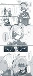  1girl animal_ears blindfold blush breasts cat_ears covered_eyes dress enomoto_hina feather-trimmed_sleeves gloves greyscale headband highres medium_breasts mole mole_under_mouth monochrome nier_(series) nier_automata open_mouth short_hair smile sweatdrop translated yorha_no._2_type_b yorha_no._9_type_s 