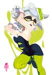  2017 anthro armpits breasts brekkist cephalopod cleavage clothed clothing digital_media_(artwork) ear_piercing female gloves humanoid looking_at_viewer marie_(splatoon) marine nintendo not_furry piercing pose raised_leg simple_background solo splatoon squid tentacle_hair tentacles video_games yellow_eyes 