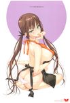  absurdres apron ass bare_back bare_shoulders blush breasts brown_hair butt_crack feet finger_in_mouth green_eyes happoubi_jin highres large_breasts long_hair looking_at_viewer naked_apron naughty_face original panties pink_panties scan sideboob sitting solo sweat twintails underwear 