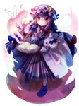  animal bespectacled book bow capelet cat crescent dress full_body glasses hair_bow hair_ornament hat hat_bow highres long_hair long_sleeves mob_cap open_book patchouli_knowledge purple_eyes purple_hair sanso simple_background solo striped sweatdrop touhou vest white_background wings 