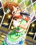  akizuki_ritsuko brown_hair dress glasses gloves green_dress idolmaster idolmaster_(classic) idolmaster_million_live! jewelry looking_at_viewer microphone necklace official_art sleeveless solo stage white_gloves 