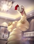  2017 areola big_areola big_breasts breasts brown_nipples brown_scales english_text fangs female forked_tongue huge_breasts inside nipples nude open_mouth plant red_eyes reptile rose_(flower) scales scalie signature smile snake solo spotty_the_cheetah text tongue tongue_out 