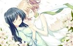  absurdres black_hair blonde_hair closed_eyes flower highres holding_hands katahane lily_(flower) multiple_girls otono_fei smile yuri 