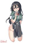  bangs black_eyes black_hair blush bow bowtie chikuma_(kantai_collection) clothes_lift cowboy_shot cropped_legs ebifurya eyebrows_visible_through_hair finger_to_mouth groin hair_between_eyes hand_up highres kantai_collection lifted_by_self long_hair looking_at_viewer no_panties open_mouth pelvic_curtain red_bow red_neckwear remodel_(kantai_collection) short_sleeves side_slit sidelocks simple_background solo suggestive_fluid twitter_username white_background 
