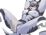  2017 abs anthro biceps canine clothing digital_media_(artwork) fur headband horkeukamui loincloth macot male mammal multicolored_fur muscular muscular_male pecs simple_background tokyo_afterschool_summoners white_fur wolf 
