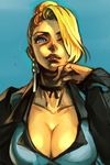  blonde_hair blue_eyes breasts choker cleavage earrings eyepatch hair_bun hair_over_one_eye hankuri jewelry large_breasts mature_(kof) red_hair short_hair solo the_king_of_fighters 