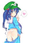  alternate_hair_length alternate_hairstyle ass blue_eyes blue_hair blue_shirt blue_skirt green_hat hair_bobbles hair_ornament hat heart kawashiro_nitori long_hair long_sleeves sawayaka_samehada shirt simple_background skirt smile solo speech_bubble spoken_heart touhou two_side_up v white_background 