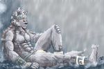  2017 abs anthro biceps canine clothing digital_media_(artwork) fur headband horkeukamui loincloth male mammal multicolored_fur muscular muscular_male pecs raining simple_background white_fur wolf 阿桐＠pffk 