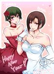  2girls aoyanagi_risa bare_shoulders blush character_name choker dated dress elbow_gloves flower gloves hair_flower hair_ornament hairpin happy_new_year heart highres jewelry kiraki lips looking_at_viewer mismatched_gloves multiple_girls necklace new_year one_eye_closed psycho-pass red_dress rose shisui_mizue twitter_username wedding_dress white_dress white_gloves wife_and_wife yuri 