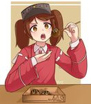  :o artist_name brown_hair dress eating food hat highres jacy kantai_collection open_mouth red_dress ryuujou_(kantai_collection) solo sweat takoyaki twintails v-shaped_eyebrows yellow_eyes 