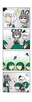  4koma 6+girls :3 =_= absurdres animal_ears arms_up blush_stickers capelet comic cosplay flying_sweatdrops futatsuiwa_mamizou gradient gradient_background green_hair grey_hair highres jewelry kasodani_kyouko kasodani_kyouko_(cosplay) konpaku_youmu konpaku_youmu_(ghost) mouse_ears multiple_girls nazrin no_mouth no_nose pendant pointing puffy_short_sleeves puffy_sleeves raccoon_tail rakugaki-biyori short_hair short_sleeves silent_comic smoke solid_oval_eyes spoken_object sweatdrop swinging sword tail touhou weapon white_hair 