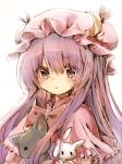  1girl :&gt; animal bunny capelet cat crescent crescent_hair_ornament double_bun eyebrows_visible_through_hair hair_between_eyes hair_ornament hat holding holding_animal holding_cat long_hair looking_at_viewer mob_cap neck_ribbon patchouli_knowledge pink_capelet pudding_(skymint_028) purple_eyes purple_hair ribbon shiny shiny_hair simple_background smile solo touhou traditional_media upper_body very_long_hair white_background 