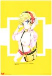  absurdres bag beads beats_by_dr._dre between_breasts blonde_hair blue_eyes blush breasts hands_on_headphones happoubi_jin headphones highres jacket large_breasts navel nipples parted_lips scan short_hair short_shorts shorts shoulder_bag solo watch wristwatch 