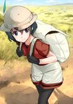  absurdres akasaai animal_ears backpack bag black_gloves black_hair black_legwear breasts cowboy_shot day gloves hair_between_eyes hat hat_feather helmet highres kaban_(kemono_friends) kemono_friends leaning_forward light_smile lips looking_to_the_side out_of_frame outdoors pantyhose pith_helmet red_shirt serval_(kemono_friends) serval_ears shirt short_hair shorts silhouette small_breasts solo wavy_hair 