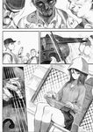  3boys bald beret comic double_bass girls_und_panzer greyscale guitar hat highres instrument kantele keizoku_school_uniform ladic long_hair long_sleeves mika_(girls_und_panzer) monochrome multiple_boys school_uniform shirt smile striped striped_shirt sunglasses vertical-striped_shirt vertical_stripes violin 