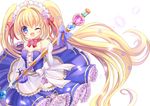  ;d ahoge blonde_hair blue_bow blue_dress blue_eyes bow choker cowboy_shot dress elbow_gloves flower flower_knight_girl frilled_dress frills gem gloves hair_bow hair_flower hair_intakes hair_ornament hairband hane. heliotrope_(flower_knight_girl) long_hair looking_at_viewer one_eye_closed open_mouth red_bow red_choker ribbon_choker smile solo staff twintails white_background white_bow white_gloves white_hairband 