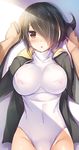  1girl :o against_wall arms_up bangs black_hair black_jacket blush breasts covered_navel covered_nipples dark_skin dark_skinned_male emperor_penguin_(kemono_friends) eyebrows_visible_through_hair eyes_visible_through_hair groin hair_over_one_eye highleg highleg_leotard hood hood_down hooded_jacket jacket kemono_friends large_breasts leotard light_rays long_hair long_sleeves looking_at_viewer massan multicolored_hair open_clothes open_jacket parted_lips pinned pov solo_focus turtleneck two-tone_hair yellow_eyes 
