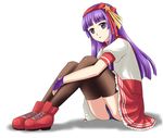  :&lt; asamiya_athena buruma commentary_request fingerless_gloves gloves hairband highres long_hair open_mouth panties pantyshot pantyshot_(sitting) purple_eyes purple_gloves purple_hair red_footwear red_hairband school_uniform serafuku shoes simple_background sitting solo the_king_of_fighters the_king_of_fighters_xiv underwear 