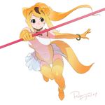  animal_ears anklet artist_name bare_shoulders baton black_eyes blonde_hair bracelet breasts brown_hair circlet commentary covered_navel dated elbow_gloves eyebrows_visible_through_hair eyelashes full_body gloves golden_snub-nosed_monkey_(kemono_friends) gradient_hair hair_ornament high_ponytail highres holding holding_staff jewelry jpeg_artifacts jumping kemono_friends large_breasts leotard long_hair looking_to_the_side monkey_ears monkey_tail multicolored_hair nostrils orange_gloves orange_hair outstretched_arm perspective ponytail rota_(bitmap1022) sidelocks signature simple_background skirt smile solo staff tail tareme thighhighs turtleneck weapon white_background white_leotard white_skirt yellow_legwear yellow_leotard 