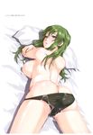  2007 absurdres after_sex arm_grab ass back backboob bangs bed black_panties breast_press breasts butt_crack crossed_arms cum cum_on_body cum_on_clothes from_behind gradient green_hair happoubi_jin highres large_breasts long_hair looking_at_viewer looking_back lying men's_young naughty_face on_stomach panties panty_pull pillow pink_eyes scan sideboob smile solo sweat topless underwear wallpaper 