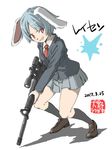  animal_ears assault_rifle black_jacket black_legwear blazer blue_hair blue_skirt brown_footwear bunny_ears character_name dated full_body grin gun inuno_rakugaki jacket loafers long_sleeves looking_at_viewer miniskirt necktie red_eyes red_neckwear reisen rifle scope shoes short_hair skirt smile solo touhou weapon white_background 