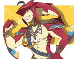  artist_name biceps feathers fingernails fins fishman flexing gills grin hand_on_hip jewelry looking_at_viewer male_focus monster_boy muscle orange_eyes pose sash scar sei_(seiryuuden) sharp_fingernails sharp_teeth sidon smile solo teeth the_legend_of_zelda the_legend_of_zelda:_breath_of_the_wild upper_body yellow_background yellow_eyes zora 